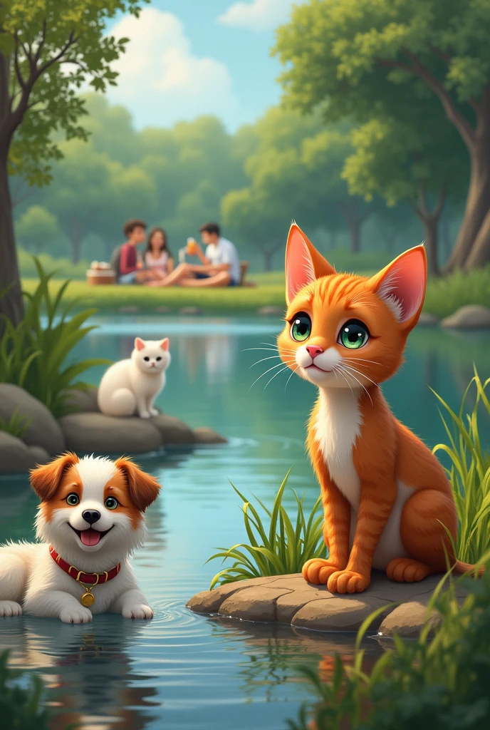 on the river bank a young ginger cat with dark green eyes, white fluffy cat, a well-fed dog a dog shakes off water, In the background, a family is having a picnic in a clearing, neuropainting
