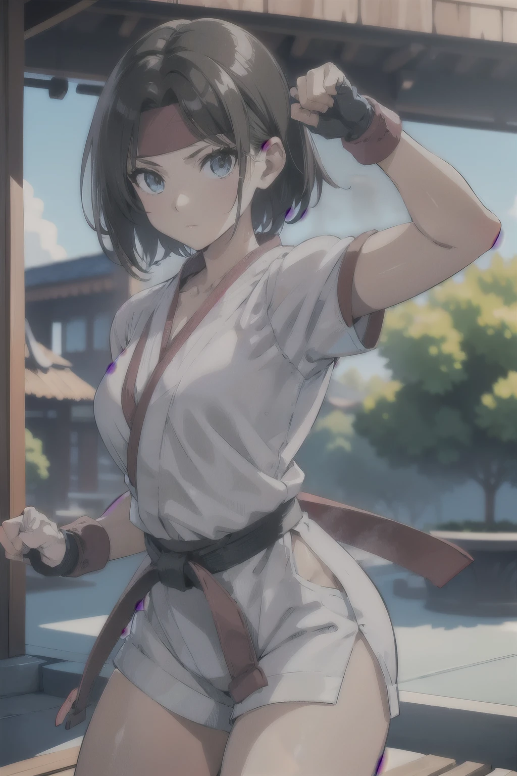 (masterpiece, best quality:1.2), cute eyes, perfect face, highres, 1girl, solo, ryu \(sf\), (female:1.5), black hair, short hair, white dougi, karate uniform, fingerless gloves, red headband, back pose, portrait, back at the viewer, cowboy shot