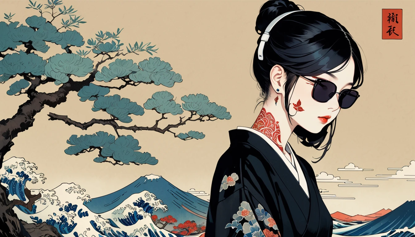 Ink Painting, (((1 girl))), (((Tattoo on face))), sunglasses, Japanese style headphones, beautiful girl, Black Hair, Delicate and precise, Modern ukiyo-e style, Dark image