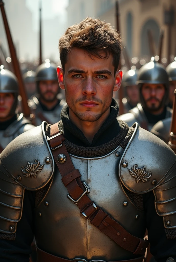 Short Italian soldiers, 27 years old, short brown hair, gray eyes, wearing sturdy medieval armor, behind him is a blacksmith shop