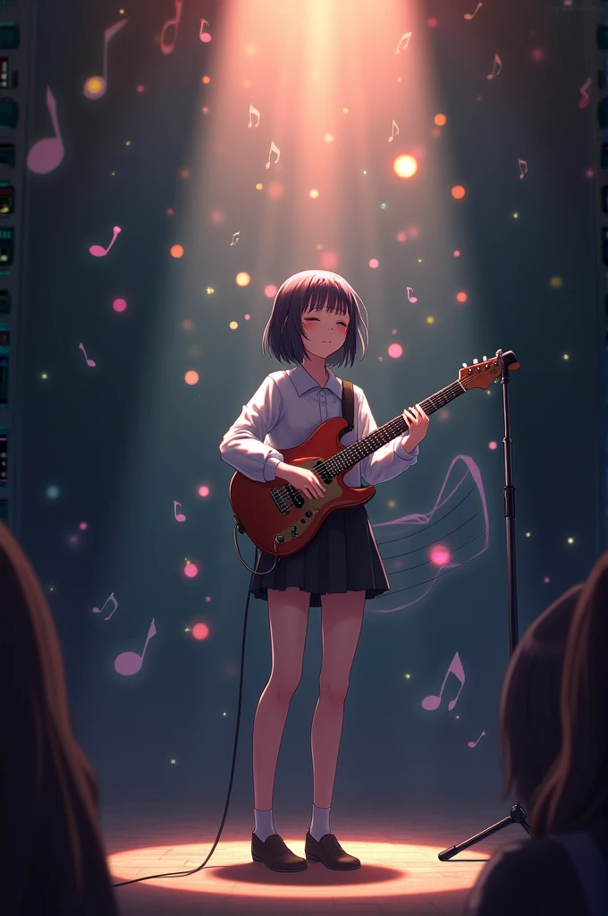 picture the main character, hitori gotoh (Bocchi), in the spotlight, playing her guitar passionately on a small stage. the background can be a dimly lit, intimate venue with soft, colorful lighting that highlights her presence. surrounding her could be abstract musical notes and sound waves, symbolizing the powerful emotions she expresses through music