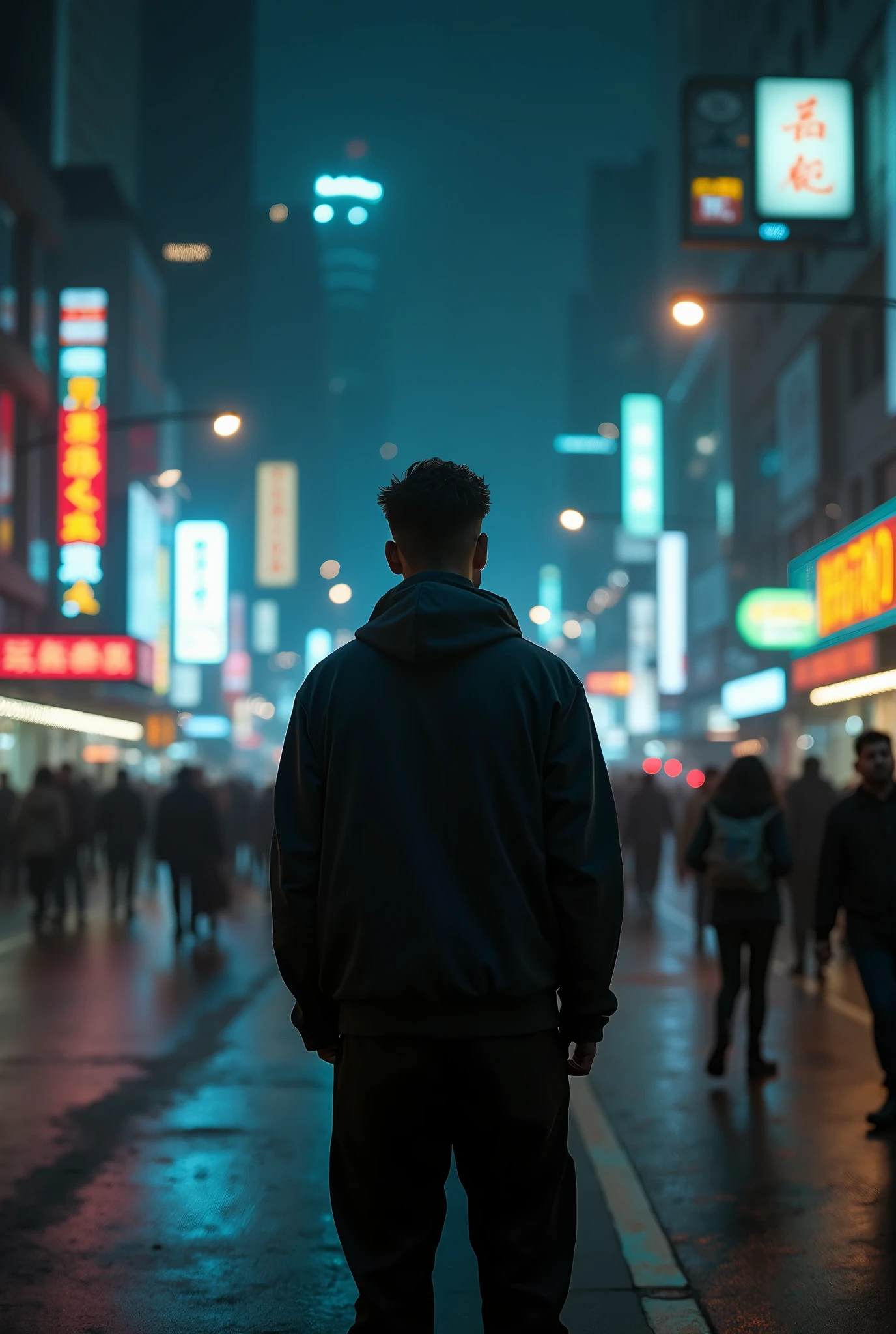 man standing alone in the middle of a bustling city street at night. The scene is filled with glowing city lights, neon signs, and the distant hum of traffic. The man looks desolate and contemplative, with his shoulders slumped and a forlorn expression on his face. In the background, blurred figures of passersby and the bright cityscape contrast with his solitude. The mood of the image should evoke a sense of loneliness and abandonment amidst the vibrant urban environment