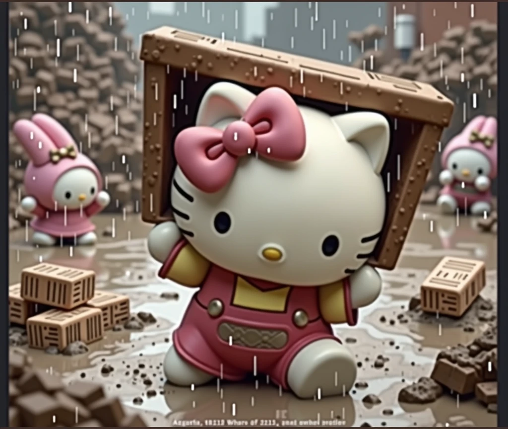 Hello Kitty, My Melody, and Cinnamoroll are working in the heavy rain on very muddy ground. Some are pushing carts, some are digging, and some are carrying bricks. They all look very sad.
