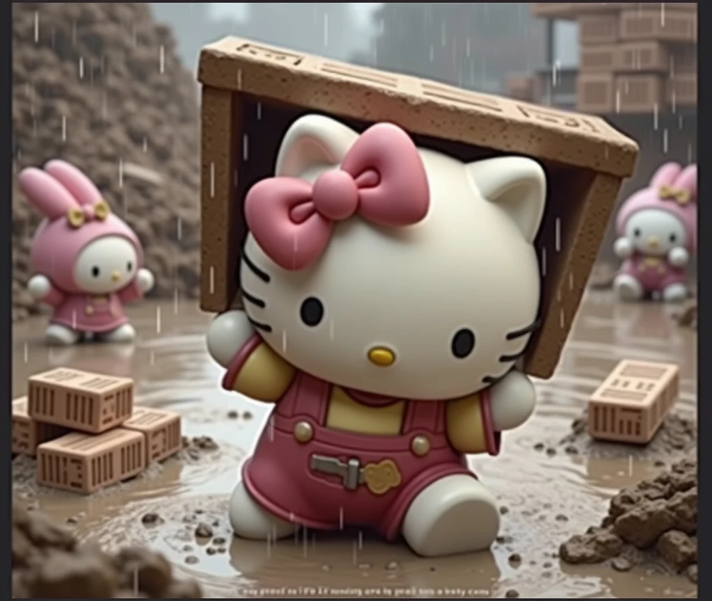 Hello Kitty, My Melody, and Cinnamoroll are working in the heavy rain on very muddy ground. Some are pushing carts, some are digging, and some are carrying bricks. They all look very sad.