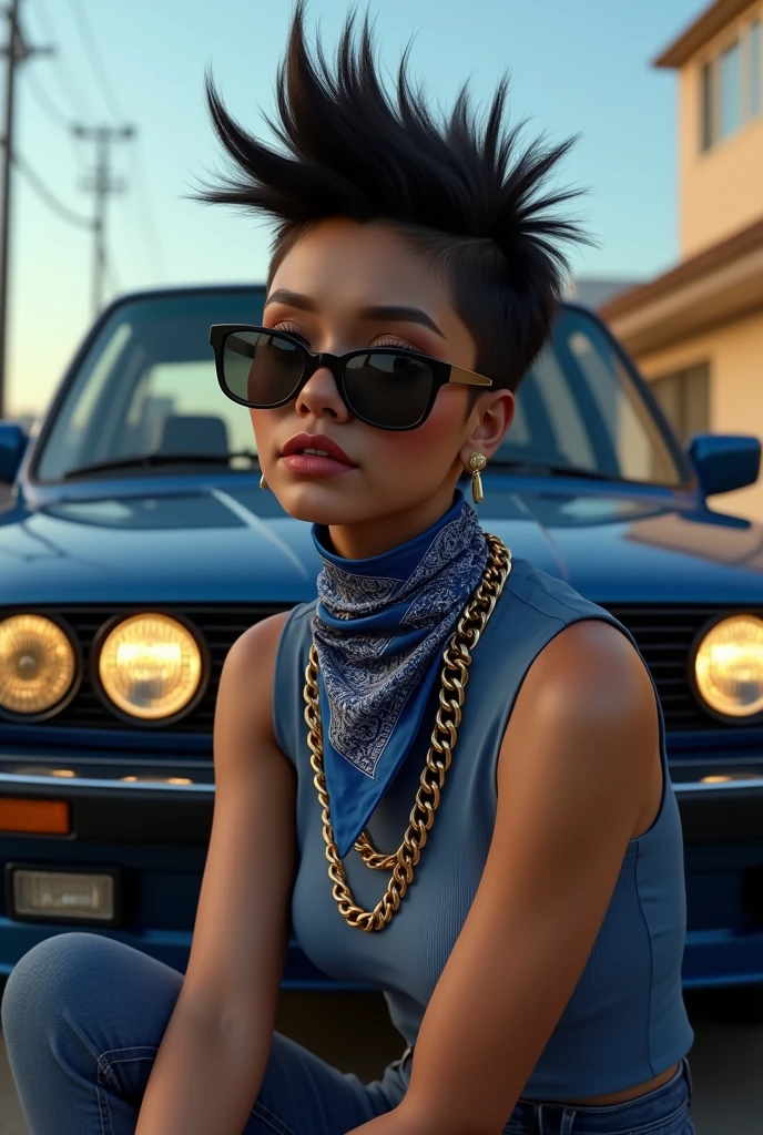 asian bbw with spiky slick hair wearing black wayfarer sunglasses and a blue sleveless tshirt and a blue and white bandana covering the lower part of her face with white sweatpants standing next to a ???? blue bmw 325 by the front fending squatting with a big gold chain in south central los angeles in the early morning