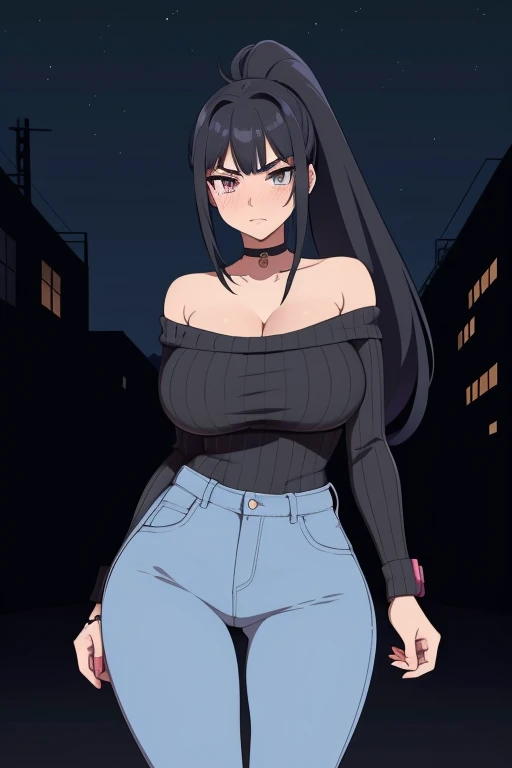 20 year old woman, busty, bubble butt, huge ass, hourglass figure, skinny, blushing, panicked expression, horny, seductive, black hair, long hair, bangs, ponytail hair, wearing wearing pink sweater, ribbed sweater, jeans, choker, sneakers, tight fitting clothing, cleavage, middrift, anime, city at night, outside, punk, punk style, punk hair, doujin style, manga, flat colours, 2d manga, mecha, futuristic tech, straps, zips, buckles, bare shoulders, ass focus