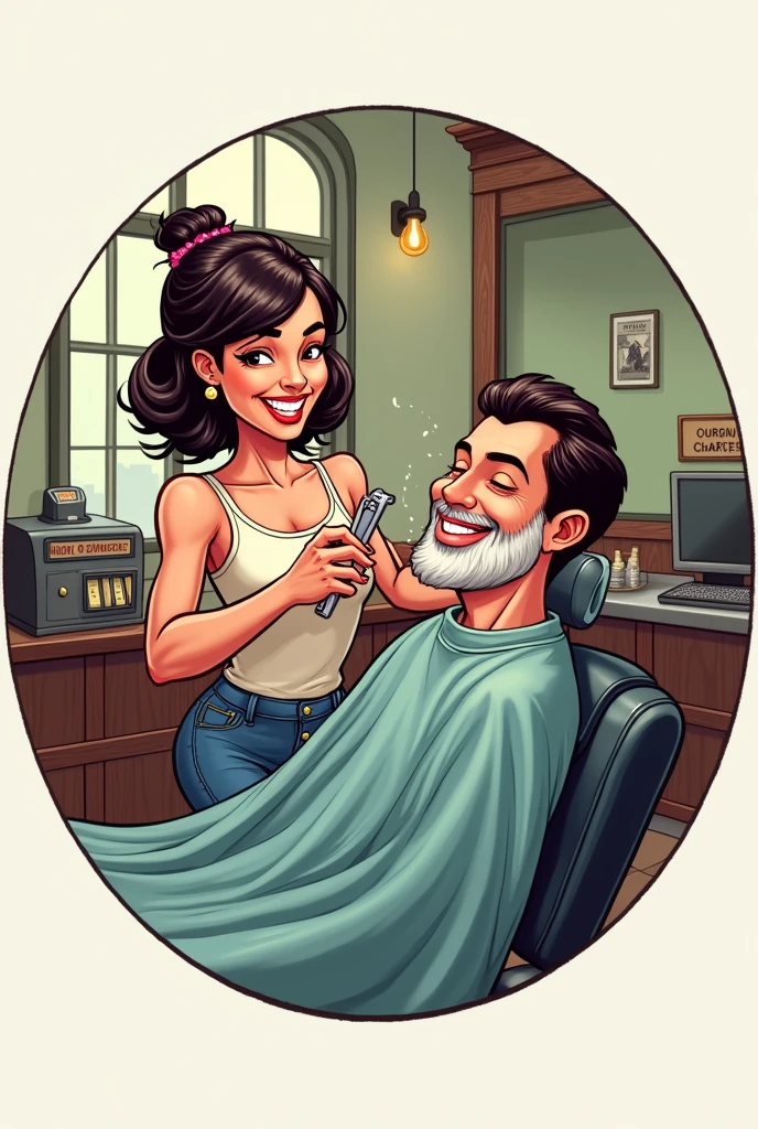 Woman shaving man cartoon rude but both smiling for barbershop logo with round frame