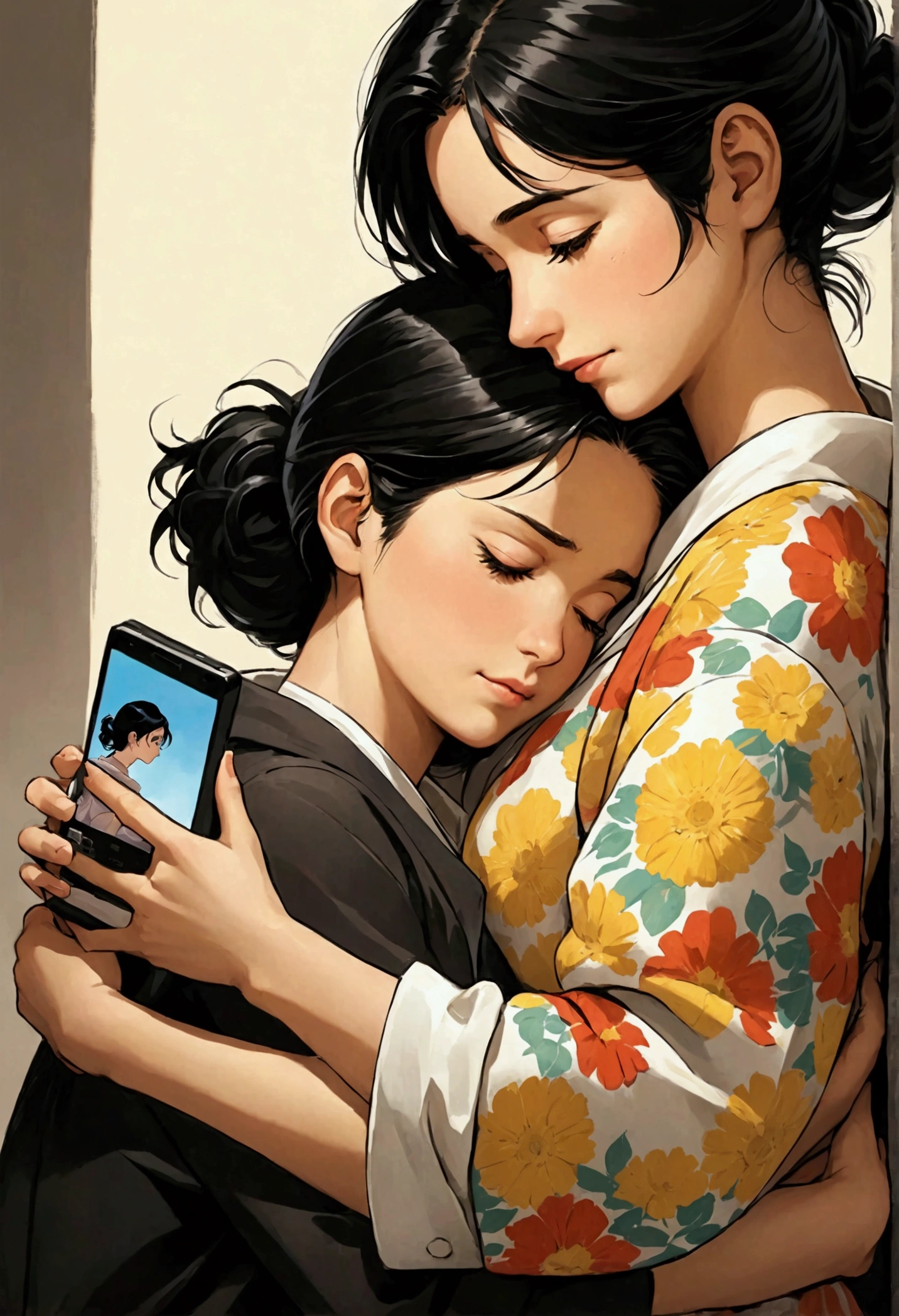 Black-haired woman holding mobile phone and thinking about creation,On her back appeared a picture of a girl's manga-style hero and heroine hugging each other.