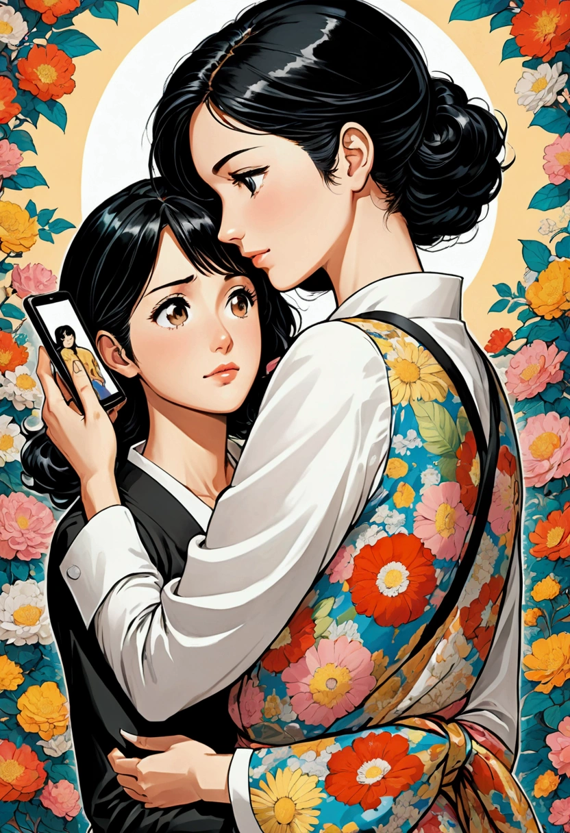Black-haired woman holding mobile phone and thinking about creation，On her back appeared a picture of a girl&#39;s manga-style hero and heroine hugging each other.