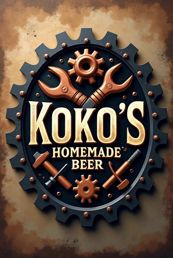 Label for my company, should be manly, and rugged. use gears, copper and tools, and my company name, “Koko׳s homemade beer” as a centrepiece, no empty space.