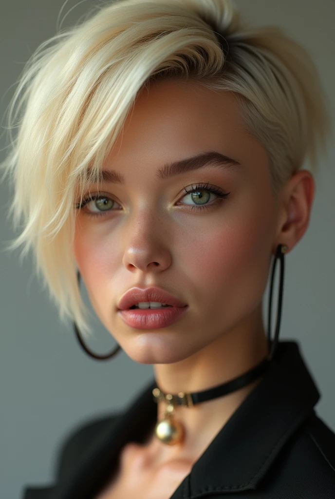 Kira is a top model, blonde shaved hair, greeneyes, fleshy lips,