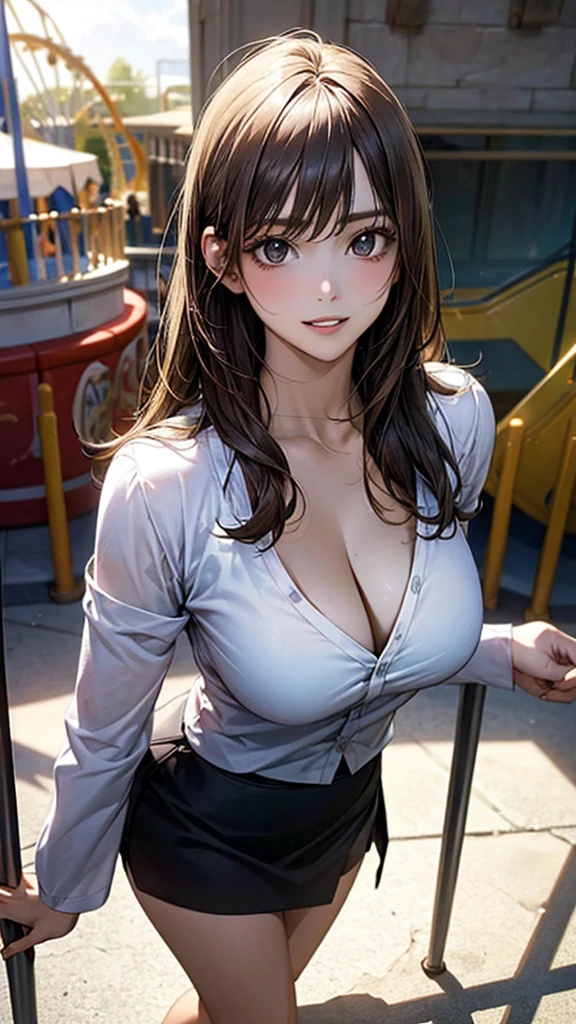 (masterpiece:1.2, highest quality), (realistic photo:1.4), beautiful illustrations, (natural side lighting, movie lighting),
beautiful hair, beautiful face, detailed and beautiful eyes, beautiful clavicle, beautiful body, beautiful breasts, beautiful thighs, beautiful feet, beautiful fingers,
looking at the viewer, 1 girl, high school girl, (perfect anatomy, anatomically correct, super detailed skin), cute symmetrical face, baby face, perfect face, perfect eyes,
(long hair, straight hair, dark blonde hair), bangs, dark blue eyes, big eyes, (large breasts 1.4, seductive thighs), perfect body, greaming skin, slender,
( break no sleeve, white collared shirt, break black tight skirt, cleavage), break
(beautiful scenery), evening, (amusement park:1.2), standing, break (lovely smile, parted lips),