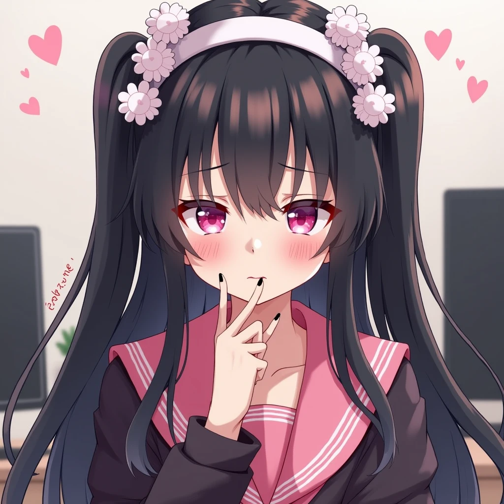 One person, Black Hair,Pink inner color,Long Hair, bangs,Half pigtails Close your mouth, Pink eyes, Droopy eyes,Take a closer look, Hearts in eyes, Simple Background, ribbon, Headband, White fluffy hair accessories, earphone, anime, anime風, skirt,Pale skin,Frills,Mine system,smartphone,Looking down,Pink Sailor Suit,Dark cardigan,Drooping eyes,Confused eyes,Worried brow,Yandere,background computer,smartphone