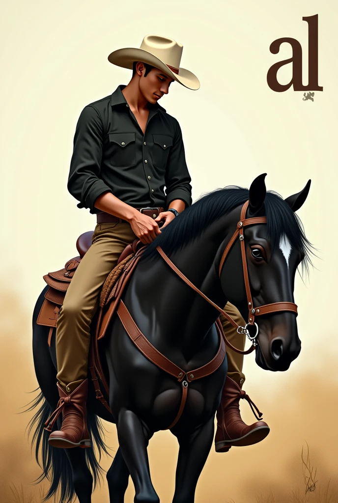 create an illustration of a 20 year old cowboy, no beard on the face, com bota country e camisa preta, with a white hat and head down, riding a black quarter horse, with the letters "al" No canto superior direito