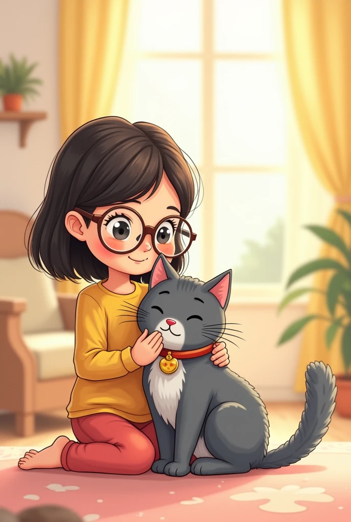 Cartoon photo a girl with her grey cat. The girl round glasses,shoulder hair length .The cat name is Mina.