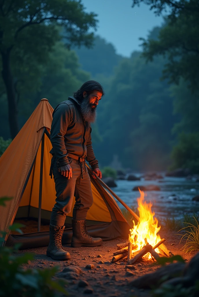 Photorealism 1.2 high detailed male long hair beard  setup tent  at night campfire Asian forest jungle rainforest near river
