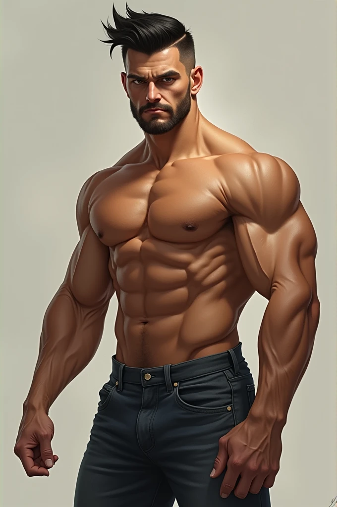 A man of medium height, tan skin, skinny muscular arms and thin legs, a face with a turned-up nose and a black mid-fade cut