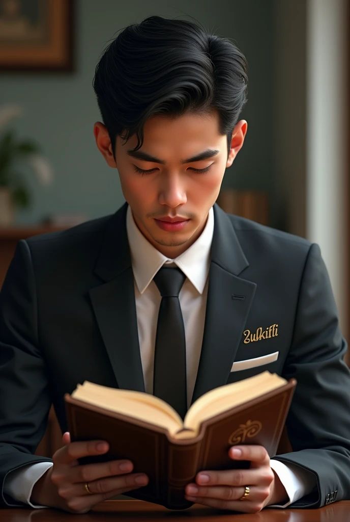 a young muslim reading the Quran, wearing a suit with the name zulkifli
