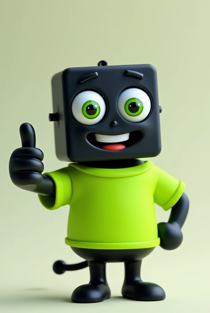 a black socket, wearing a fluorescent green shirt giving a thumbs up with big green eyes and a wide happy smile
