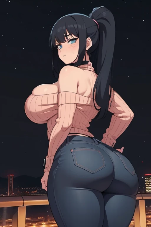 20 year old woman, busty, bubble butt, huge ass, round ass, hourglass figure, skinny, blushing, panicked expression, horny, seductive, black hair, long hair, bangs, ponytail hair, wearing wearing pink sweater, ribbed sweater, turtle neck sweater, jeans, choker, sneakers, tight fitting clothing, cleavage, middrift, anime, city at night, outside, punk, punk style, punk hair, doujin style, manga, flat colours, 2d manga, mecha, futuristic tech, straps, zips, buckles, bare arms, ass focus