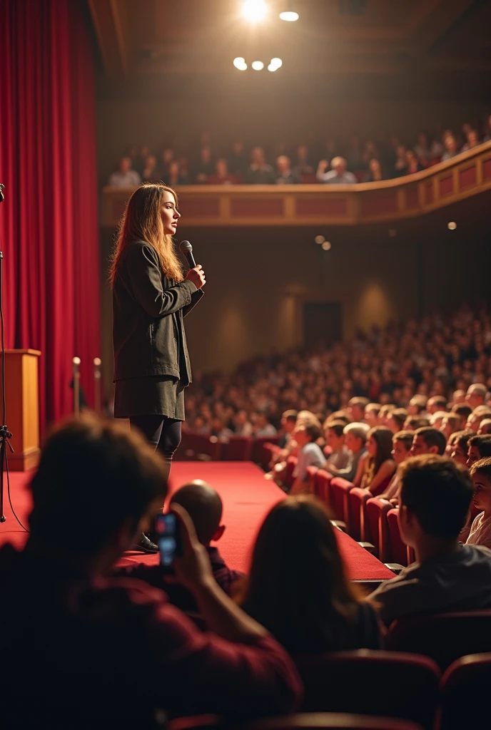 A girl speech in stage. Front in more Audience. Audience site a photograph take photo that girl camera man in audience and take click this girl use camera