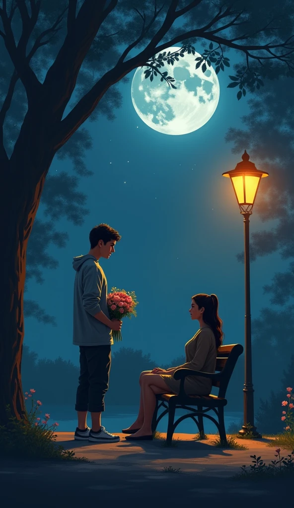 "A quiet night scene in a park. A young man, casually dressed, stands a few steps away from a wooden bench, holding a bouquet of fresh flowers in his hand. The moonlight softly illuminates the surroundings, while a nearby lamppost casts a warm, subtle glow on the woman seated on the bench. She looks peaceful, her face gently lit by the light, as she sits with her legs crossed, waiting. The atmosphere is still and intimate, with shadows from nearby trees and the soft rustling of leaves in the cool night breeze, creating a realistic, romantic moment."