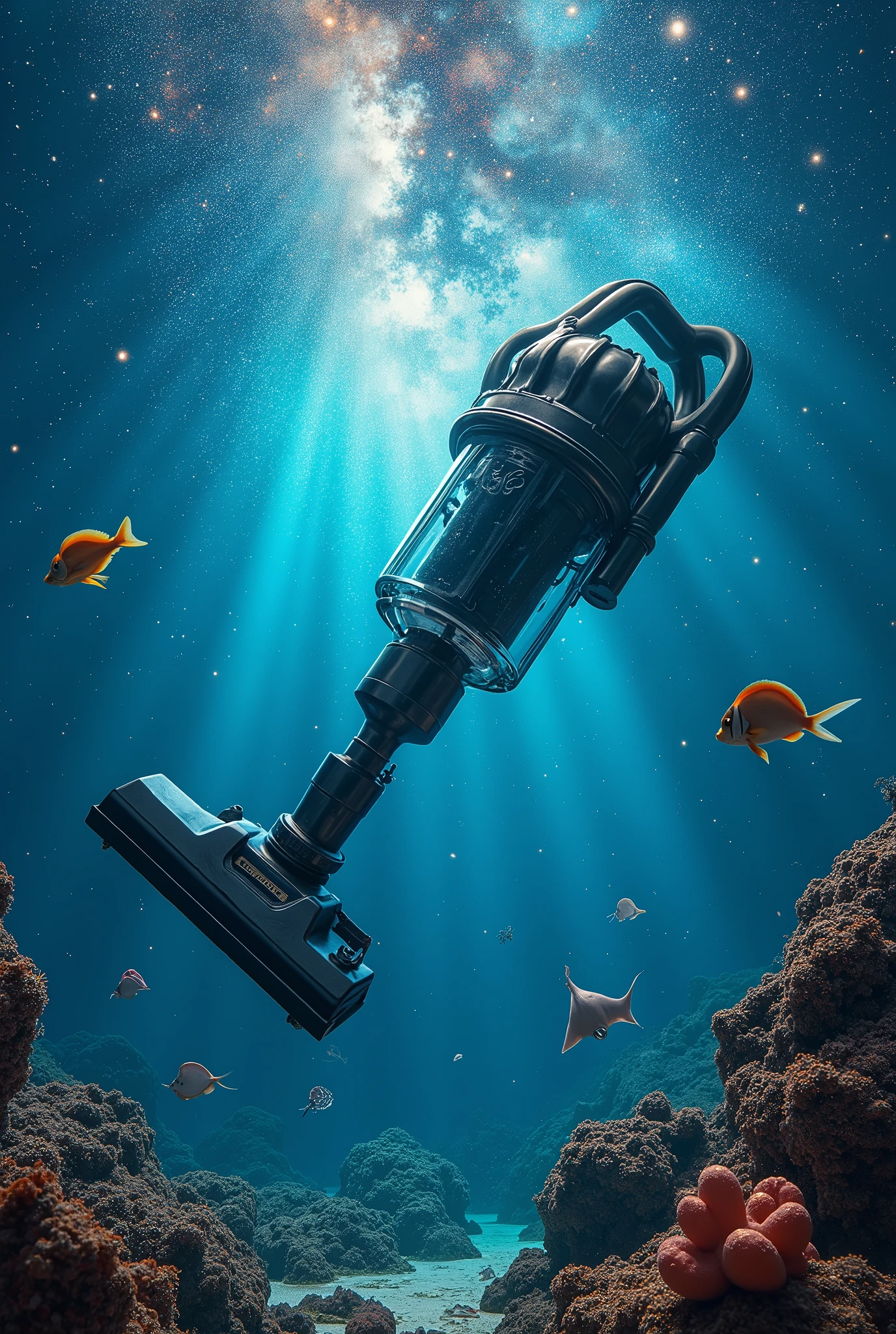 (Starry Sky:1.25), art, as under deep sea lighting, Lots of sparkling stars、 realistic, Large vacuum cleaner、 fish、Ray、octopus、squid、熱帯fish、in deep space, cosmic shower、