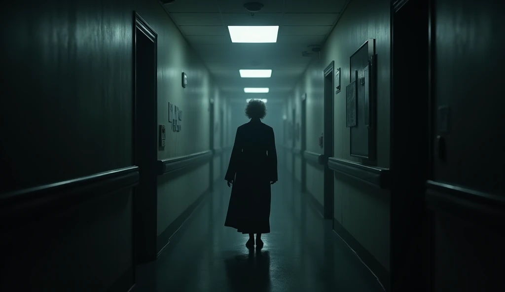 A long, gloomy hospital corridor with the distant figure of a visibly elderly woman dressed in black at the end. Lighting creates deep contrasts, and the air is charged with an ominous presence, suggesting something sinister ahead.