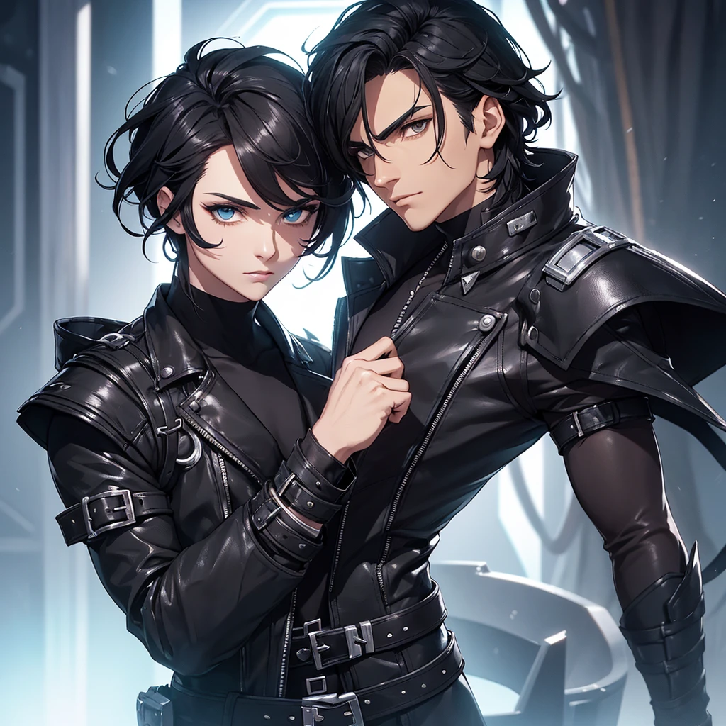Make a man with short wavy black hair. He will wear black leather clothes with silver details.. He should look like the character Viego from League of Legends. he should be in a futuristic setting