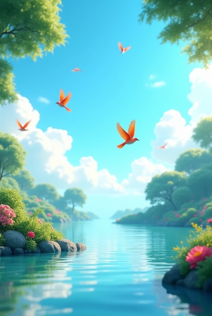 background water, sky blu bird fly, 3d ward wallpaper, colour green