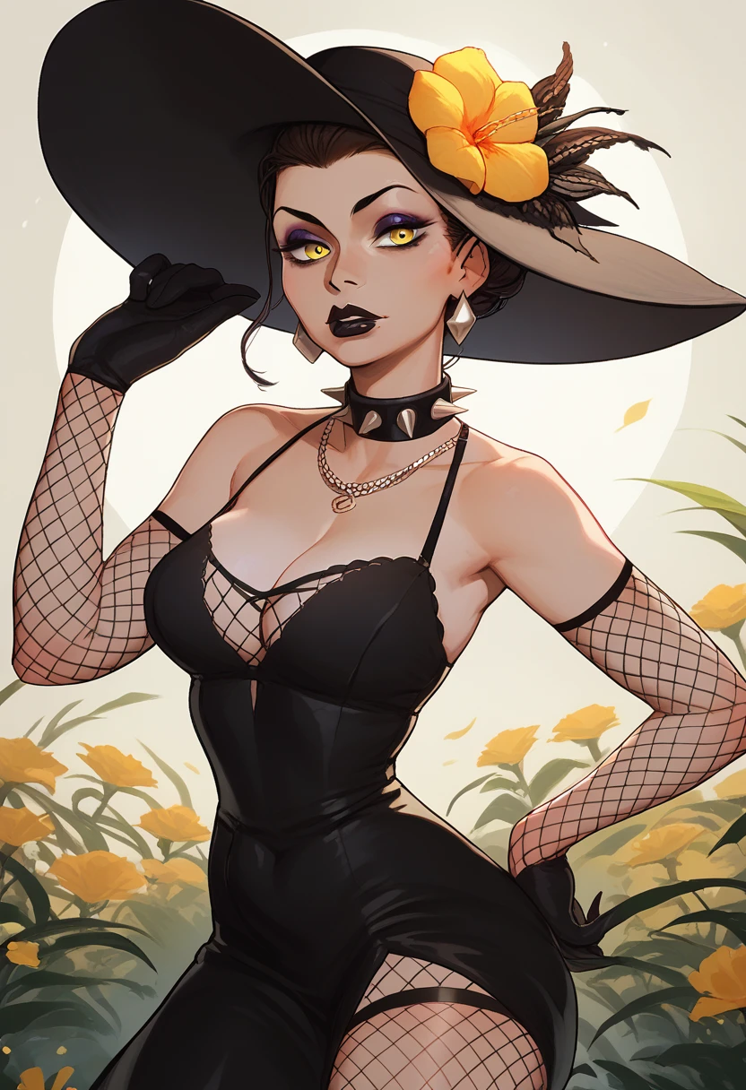 1girl, solo, saeniijima, earrings, necklace, makeup, black lips, black headwear, sun hat, hat flower, yellow eyes, eyeshadow, fishnets, black dress, black gloves, elbow gloves, fishnet thighhighs, spiked collar, cleavage, looking at viewer,