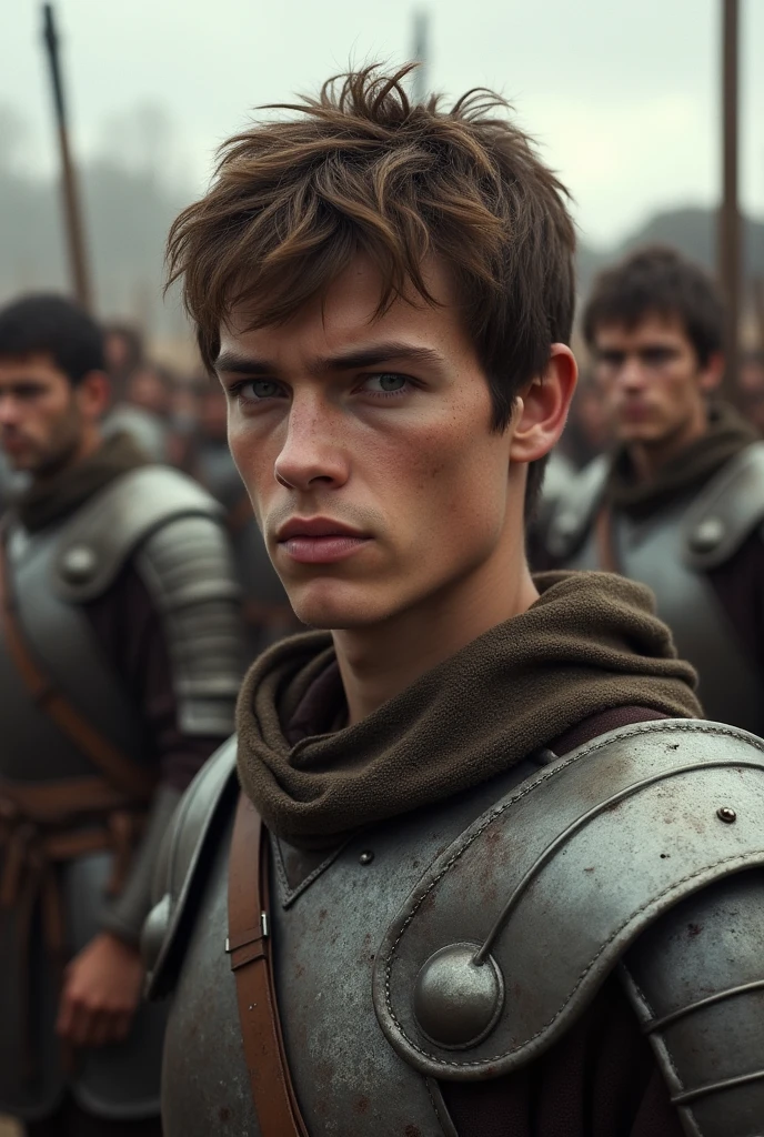 Short Italian soldiers, 27 years old, short brown hair, gray eyes, wearing sturdy medieval armor, behind him are some warhorses