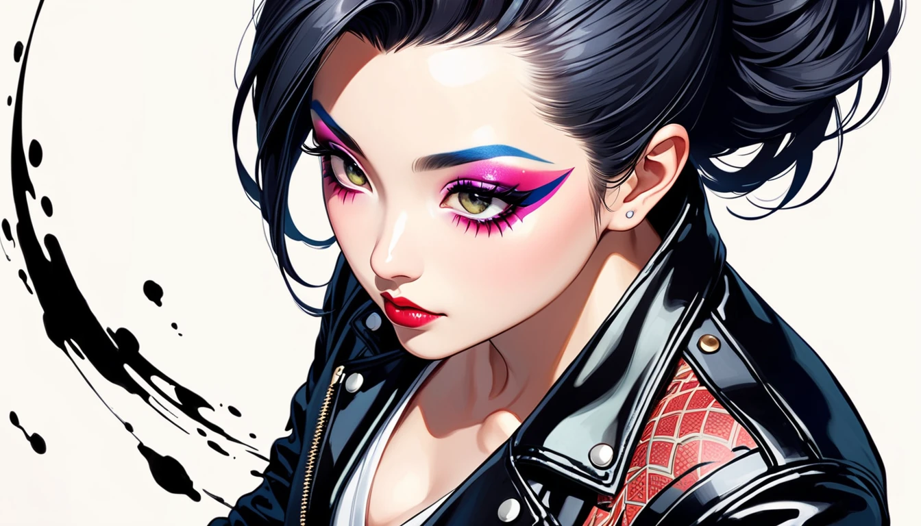 (((Ink Painting))), (((from above))), (((1 female))), (((Leather jacket with Japanese patterns))), (((Mohawk))), (((Very flashy makeup))), Japanese style headphones, face close-up, front view, Japanese beautiful girl, Black Hair, Delicate and precise, Modern ukiyo-e style,Japan, Droopy eyes, round face, Glare, Fuller lips, vivid color