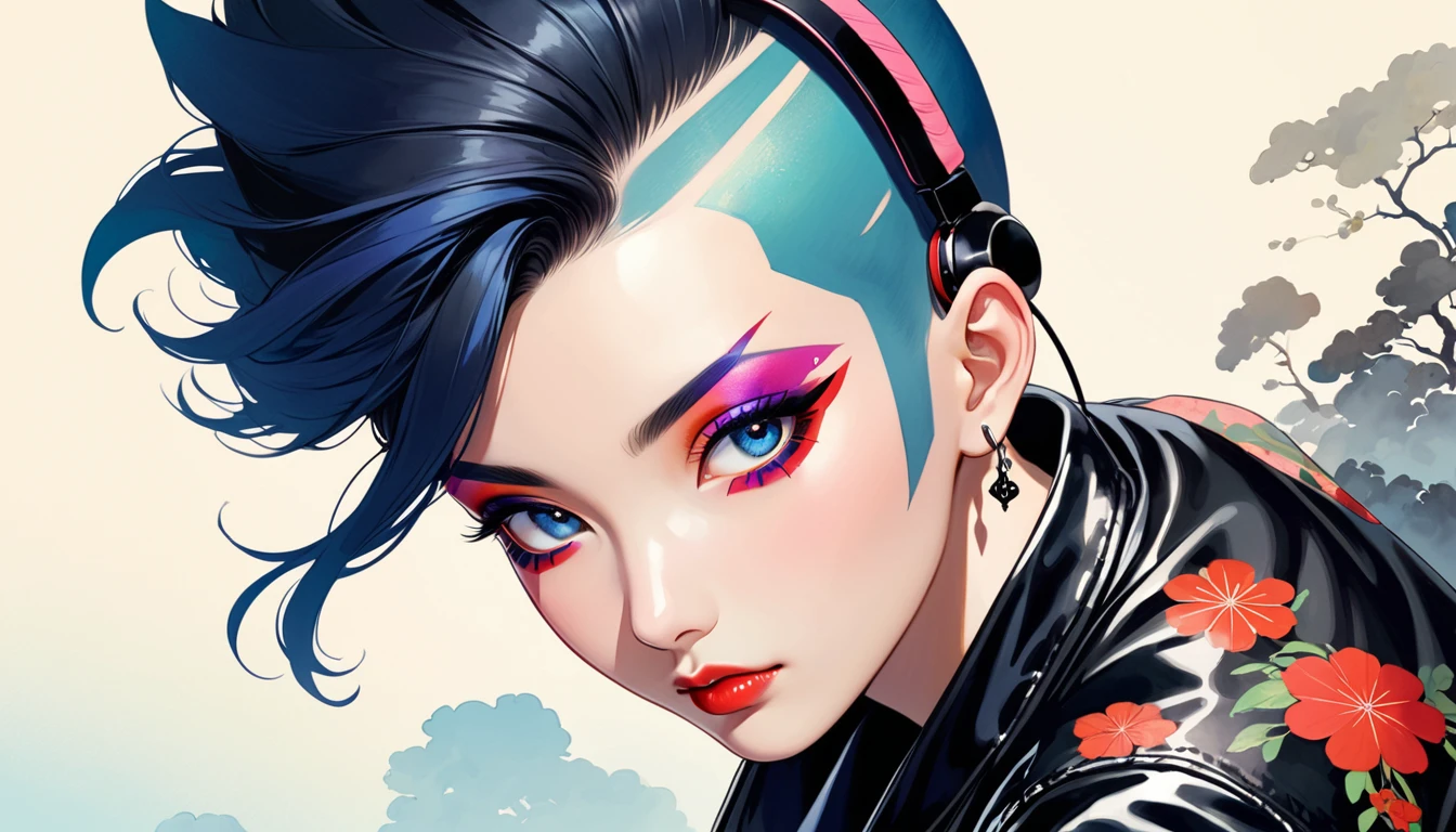 (((Ink Painting))), (((from above))), (((1 female))), (((Leather jacket with Japanese patterns))), (((Mohawk))), (((Very flashy makeup))), Japanese style headphones, face close-up, front view, Japanese beautiful girl, Black Hair, Delicate and precise, Modern ukiyo-e style,Japan, Droopy eyes, round face, Glare, Fuller lips, vivid color