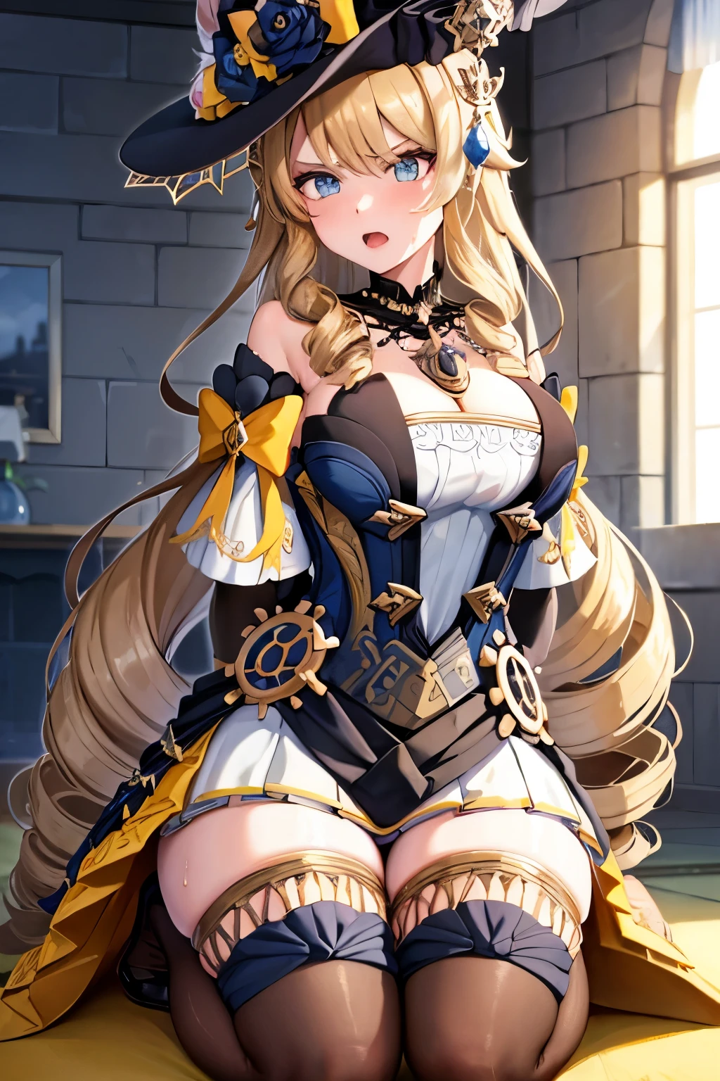 navia_gi, looking at viewer, bad mood, (sweat), open mouth, skirt, thighhighs, gloves, hat, dress, holding, bare shoulders, ((hands tied behind)), (arms behind back), sitting on the knees, ((seiza)), indoors, detached sleeves, garter straps, drill hair, brown gloves, brown headwear, basement, concrete floor, concrete wall, scowl,