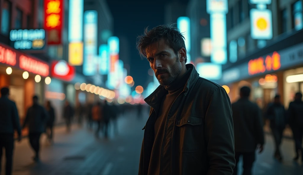 man standing alone in the middle of a bustling city street at night. The scene is filled with glowing city lights, neon signs, and the distant hum of traffic. The man looks desolate and contemplative, with his shoulders slumped and a forlorn expression on his face. In the background, blurred figures of passersby and the bright cityscape contrast with his solitude. The mood of the image should evoke a sense of loneliness and abandonment amidst the vibrant urban environment