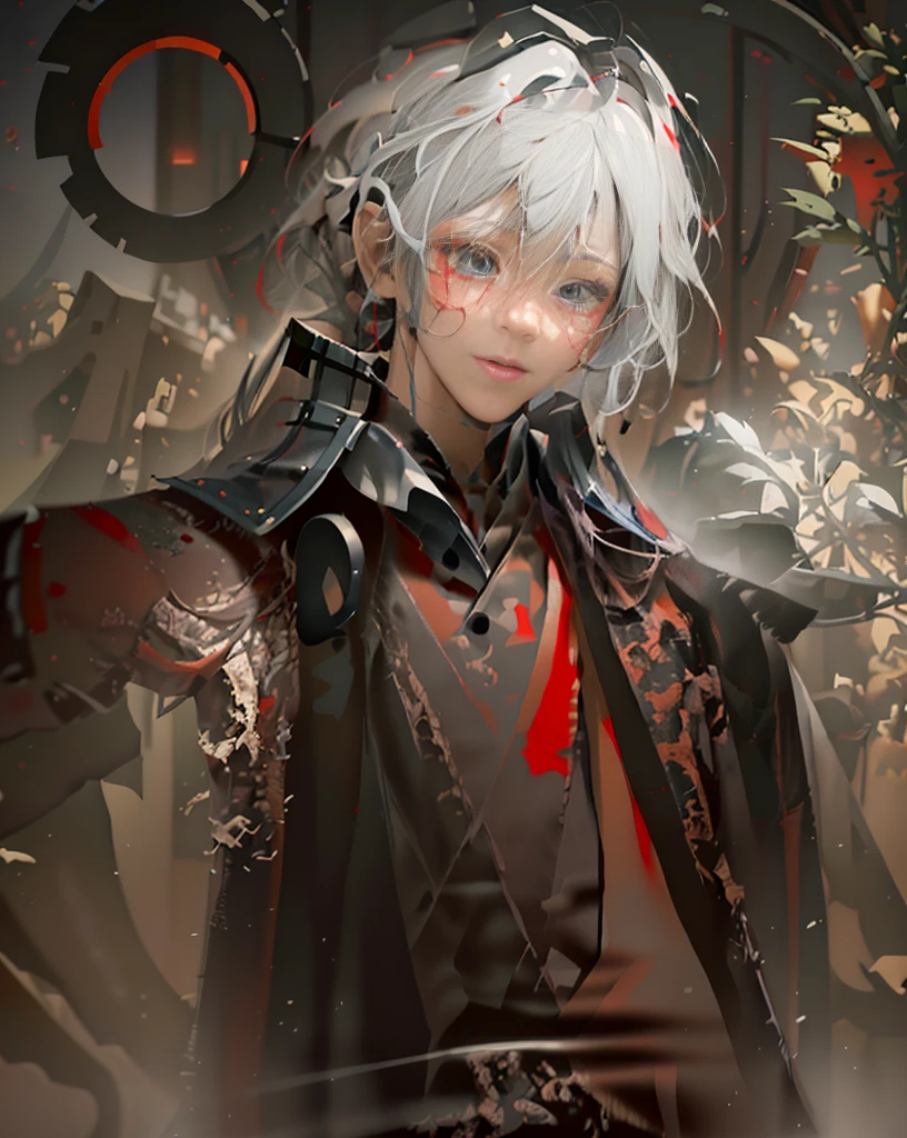 He was wearing a black and red robe.，There is a Tai Chi pattern on it，Messy hair，Broken hair，White hair，Knight，Very beautiful cyberpunk digital artwork，Male focus，Handsome，A heroic look，Knife in hand，Chivalry，High quality detail depiction，in the background, There is a Chinese palace and a mountain forest covered with mist.，Shooting sideways，The changes in light and shadow are extremely subtle。Anime style 4K wallpaper。