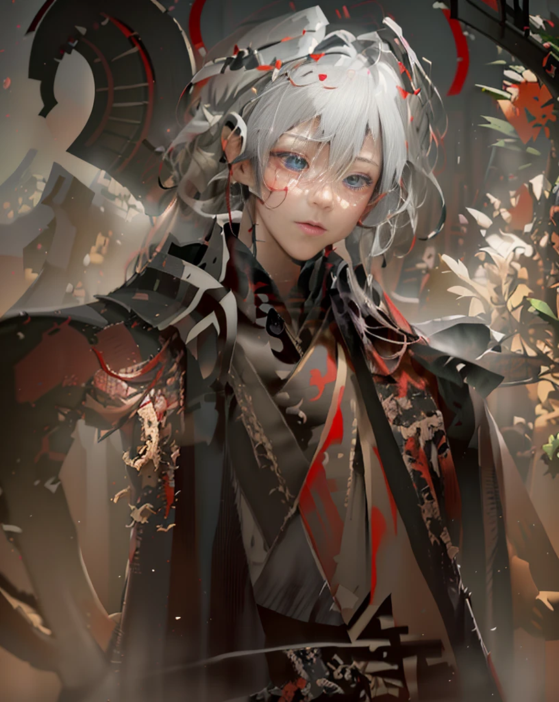 He was wearing a black and red robe.，There is a Tai Chi pattern on it，Messy hair，Broken hair，White hair，Knight，Very beautiful cyberpunk digital artwork，Male focus，Handsome，A heroic look，Knife in hand，Chivalry，High quality detail depiction，in the background, There is a Chinese palace and a mountain forest covered with mist.，Shooting sideways，The changes in light and shadow are extremely subtle。Anime style 4K wallpaper。