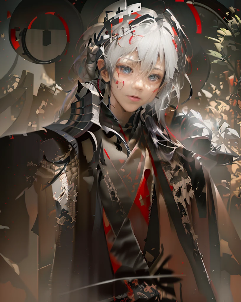 He was wearing a black and red robe.，There is a Tai Chi pattern on it，Messy hair，Broken hair，White hair，Knight，Very beautiful cyberpunk digital artwork，Male focus，Handsome，A heroic look，Knife in hand，Chivalry，High quality detail depiction，in the background, There is a Chinese palace and a mountain forest covered with mist.，Shooting sideways，The changes in light and shadow are extremely subtle。Anime style 4K wallpaper。