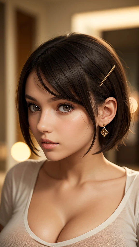 A young lady aged 16 yrs, with short black hair, curly hair, with air bangs. She is wearing a black T-shirt. She has an athletic figure. She is wearing gold hair pins. She is wearing diamond earrings. Looking directly into the camera. She has olive skin, constricted pupils, parted lips, large breasts, perfect lips, perfect nose, cute face, Hyperrealism, cinematic lighting, jpeg artifacts, close-up view, bokeh, textured skin, UHD, best quality, masterpiece, high details