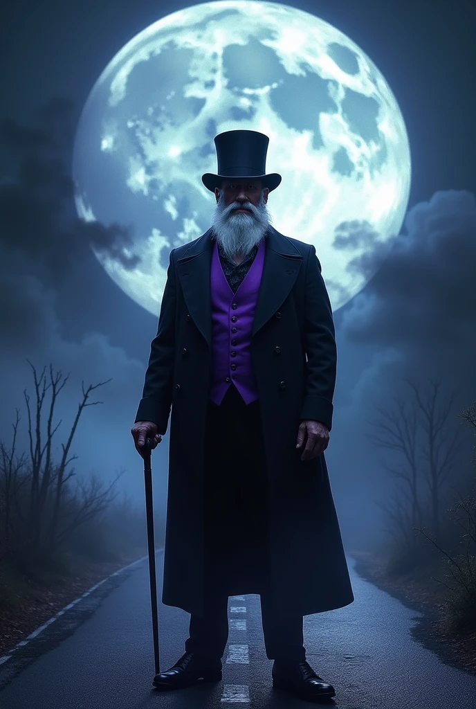 A crossroads at night with a full moon. In the middle of the crossroads a 50-year-old man of medium height with a short white beard, wearing a black and purple suit, a top hat on his head and a cane in his left hand