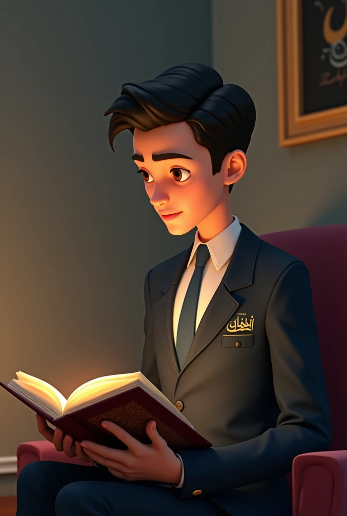 Animation of a young Muslim man reading the Quran, wearing a suit with the name zulkifli