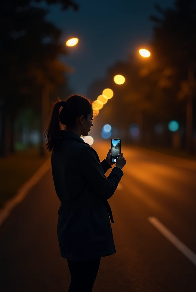 Ek aurat Raat Ke samay real picture road ke upar mobile se banae photo