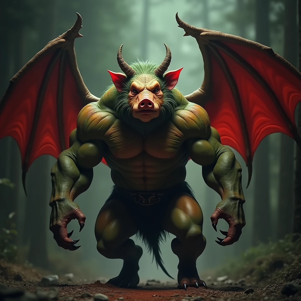 a monstrous orc with a pig's snout, wolf ears, devil wings, green to red gradient skin, detailed face, muscular body, fierce expression, clawed hands, fantasy, dark, digital painting, cinematic lighting, highly detailed, 8k, photorealistic