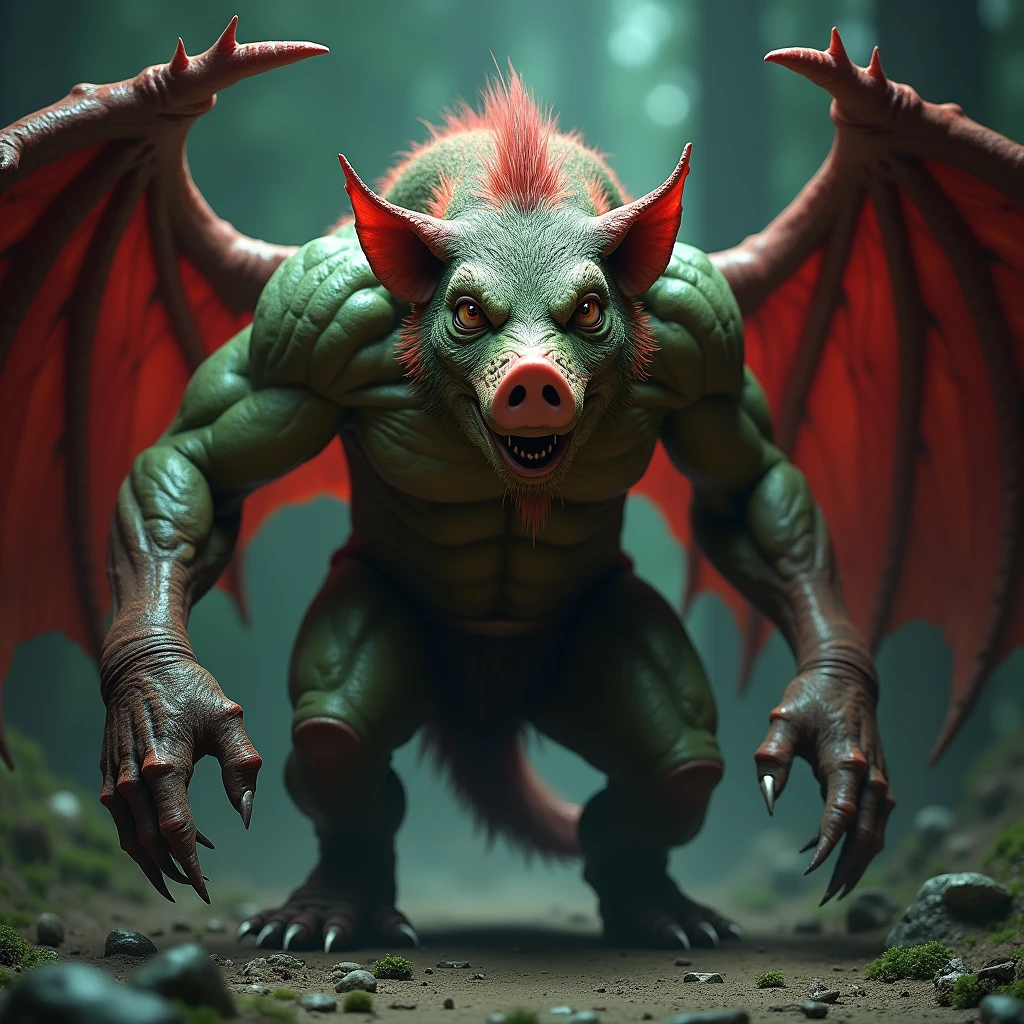 a monstrous orc with a pig's snout, wolf ears, devil wings, green to red gradient skin, detailed face, muscular body, fierce expression, clawed hands, fantasy, dark, digital painting, cinematic lighting, highly detailed, 8k, photorealistic