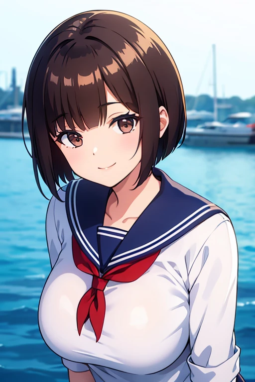 Woman in sailor suit，，She has big breasts，Short Bob Hair，Brown Hair，fine，Keep smiling