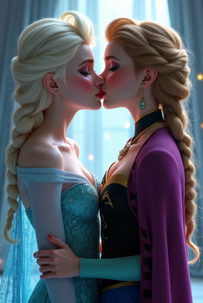 A stunning portrait of Elsa and her sister Anna, they are kissing, young and beautiful, hyper realistic, real portrait, backlit, exquisite features, cleavage, Elsa is showing her vagina to Anna and asking her to lick her vagina, she is inserting his fingers in her vagina under her skirt, she is fingering her, Elsa is in ecstasy