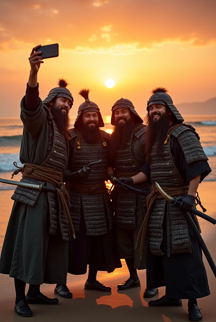 Highest quality、Ultra-high resolution、8k、RAW Photos、Japanese Samurai、group、((Taking pictures of themselves on their smartphones、Commemorative photo、Selfie、Selfie棒))、smile、Beach、warrior、armor、knife、beard、cinematic lightening、Sunset