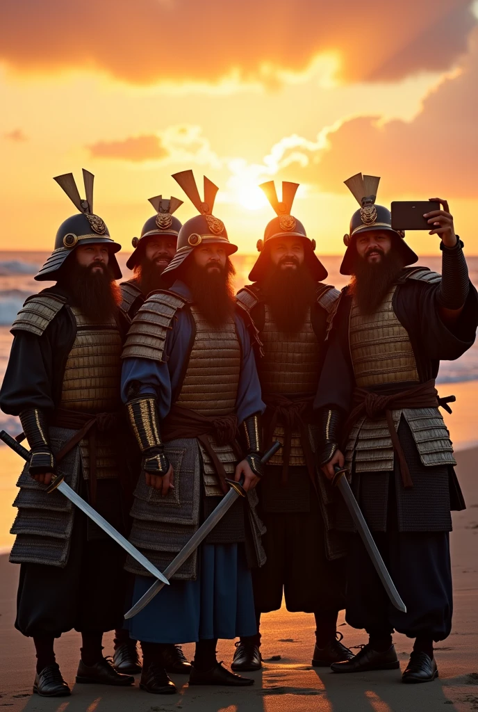 Highest quality、Ultra-high resolution、8k、RAW Photos、Japanese Samurai、group、((Taking pictures of themselves on their smartphones、Commemorative photo、Selfie、Selfie棒))、smile、Beach、warrior、armor、knife、beard、cinematic lightening、Sunset