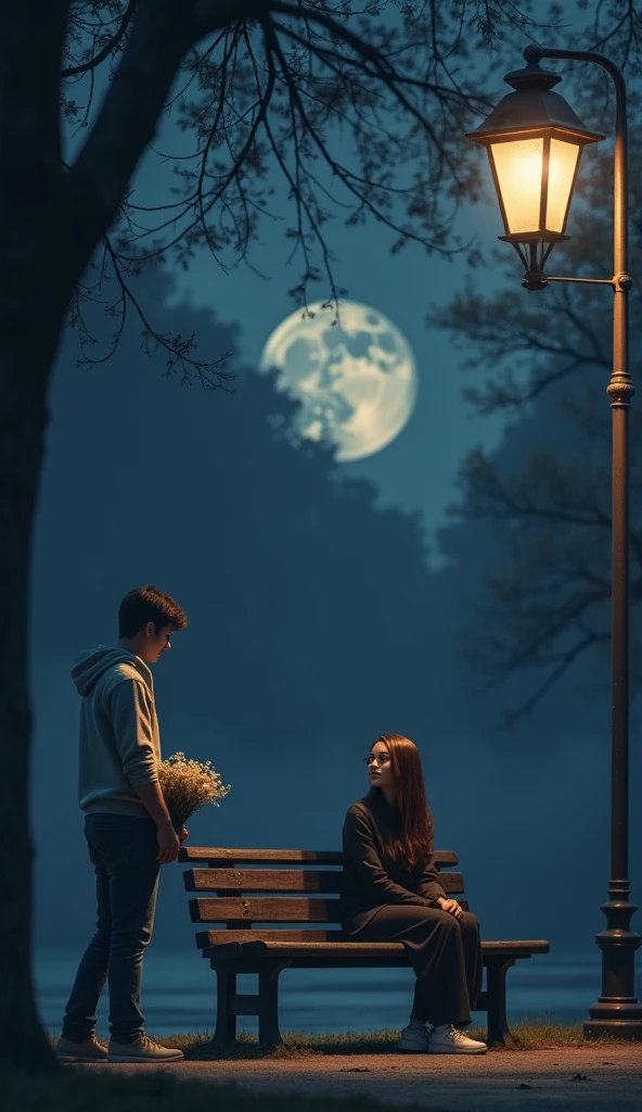 "A quiet night scene in a park. A young man, casually dressed, stands a few steps away from a wooden bench, holding a bouquet of fresh flowers in his hand. The moonlight softly illuminates the surroundings, while a nearby lamppost casts a warm, subtle glow on the woman seated on the bench. She looks peaceful, her face gently lit by the light, as she sits with her legs crossed, waiting. The atmosphere is still and intimate, with shadows from nearby trees and the soft rustling of leaves in the cool night breeze, creating a realistic, romantic moment."